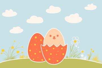 Cheerful spring scene with colorful easter eggs