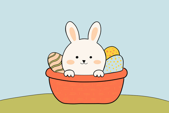 Cheerful bunny in basket with colorful easter eggs