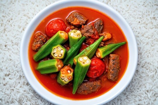A Traditional Bamia Beef and Okra Stew Served With Tomatoes Over a Bed of Fluffy Steamed White Rice