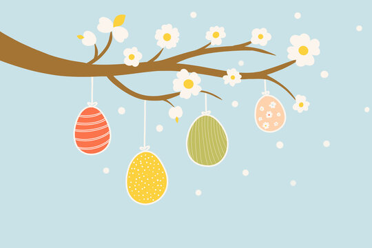 Hanging easter eggs on blossoming branch illustration