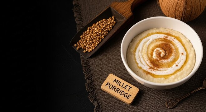 Creamy Millet Porridge with Coconut Swirl and Honey on Mud-cloth with Soft Left Negative Space