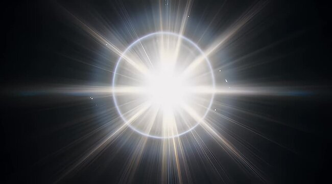Anamorphic lens flare with bright white light burst, cinematic optical sun flare on black background, glowing starburst with radial rays