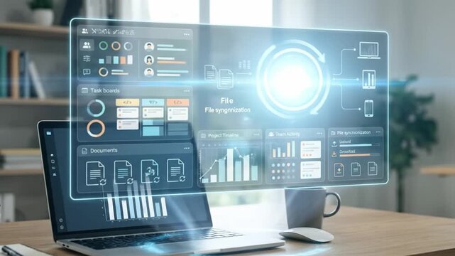 Futuristic digital interface laptop workspace technology with data visualization file synchronization office productivity business analytics modern desk setup computer digital dashboard workflow