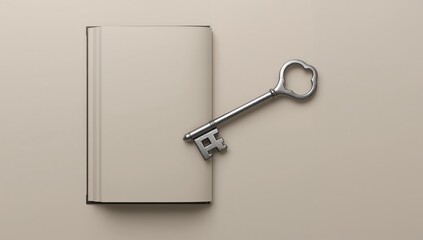 Key and open book on tan surface, concept of access and knowledge