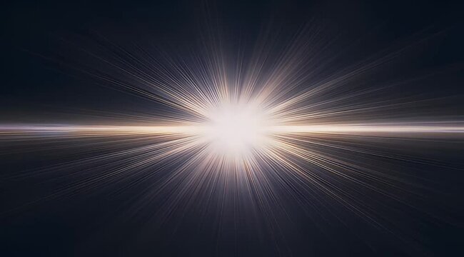 Anamorphic lens flare with bright light rays, cinematic sunburst effect on black background, glowing optical starburst for video transitions