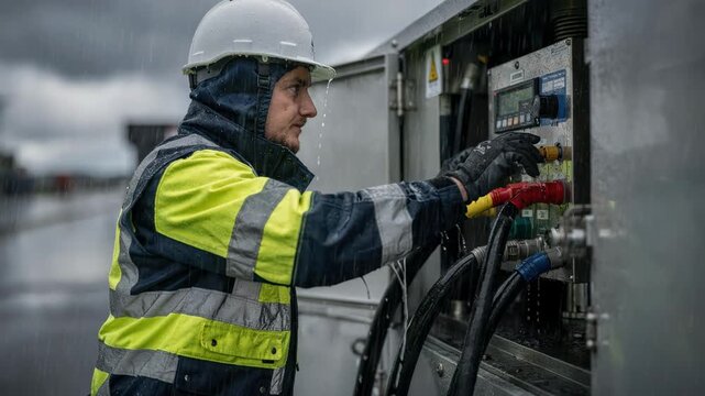 Technician conducting a rainy weather emergency generator test with raindrops in foreground and background subtly blurred highlighting the focused diligent maintenance work.