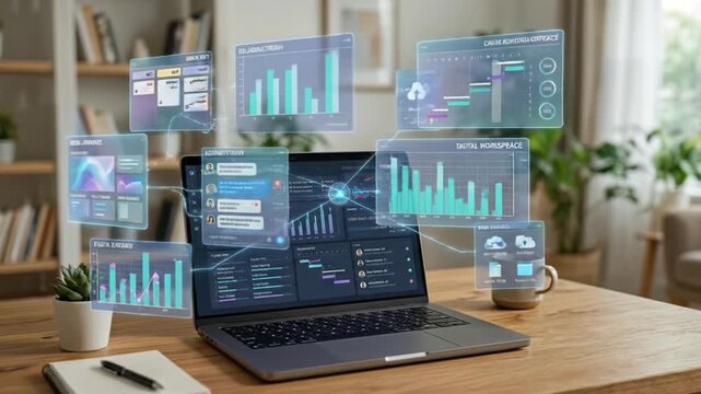 Data analysis digital workspace laptop business charts office desk productivity tools with collaboration hub task board file sharing project management interface modern home office setup