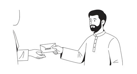 Illustration of a bearded man in traditional attire receiving a Zakat envelope, symbolizing charitable giving and financial assistance to those in need