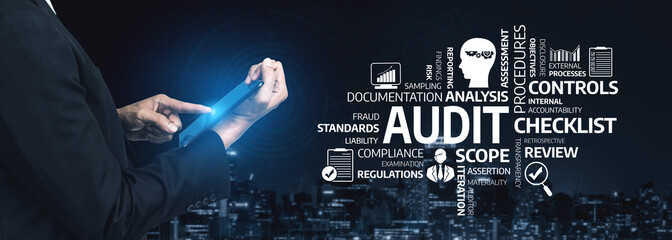 A business professional utilizes a tablet to engage in audit processes, showcasing key elements...