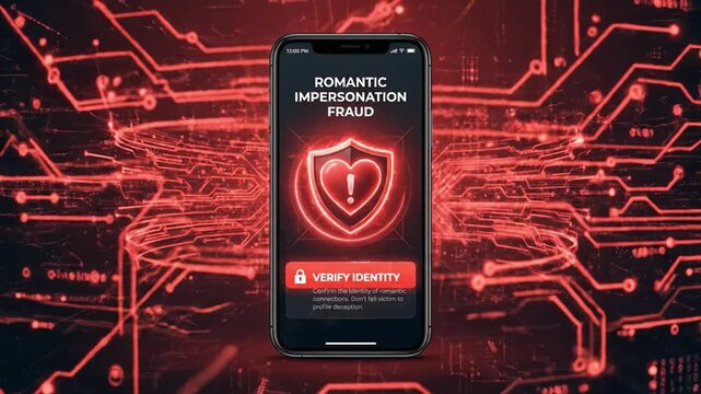 Romantic impersonation fraud alert smartphone with digital security shield and red circuit background, emphasizing identity verification to prevent cybercrime and protect users from technology scams