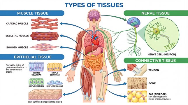 Informative Detailed Human Body Tissue Types Anatomy Educational Illustration