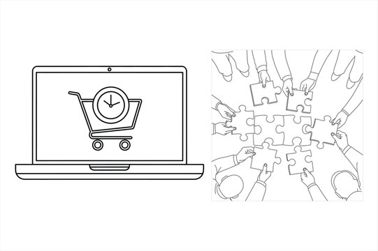 Line drawing of laptop with shopping cart and clock on screen and hands putting together puzzle pieces