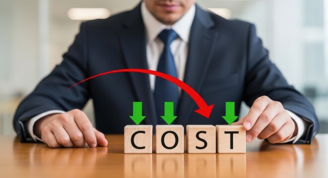 A businessman in a suit sitting at a table with wooden blocks spelling 'COST' and green arrows pointing down, indicating a reduction in cost. The background is blurred