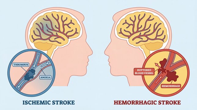 Flat Medical Illustration of Ischemic and Hemorrhagic Stroke in the Brain
