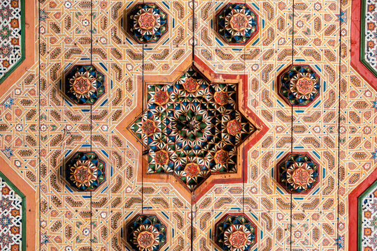 Intricate Moroccan ceiling art in Marrakech
