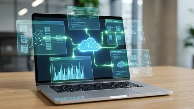 Cloud computing laptop technology digital interface network data visualization analysis workspace office connection futuristic screen graph chart modern business software communication innovation