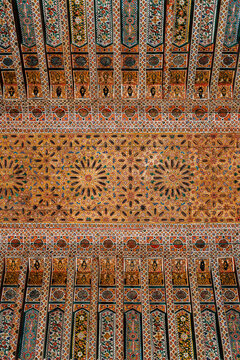Intricate geometric ceiling art in Marrakech, Morocco