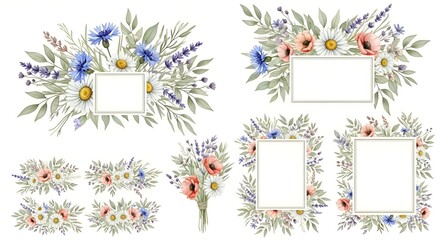 Obraz premium Watercolor floral frames with daisies, poppies, cornflowers, lavender. Wedding invitations.