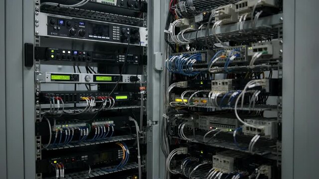 Medium frame capture of compact transmitter room racks loaded with various signal modulators and neatly arranged wires slightly blurred background enhancing depth.
