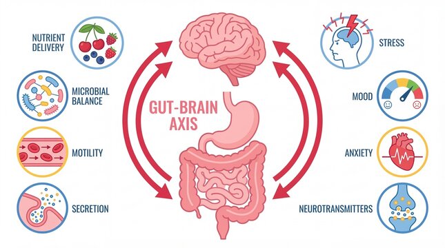 Detailed Informative Diagram of the Gut Brain Axis and its Functions Illustration