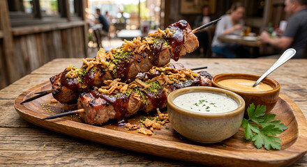 Grilled meat skewers glazed with barbecue sauce and garnished with fresh herbs, served on a white rectangular plate on a metal table, close-up savory dish.