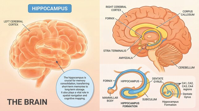 Detailed Medical Illustration of Human Brain Anatomy and Hippocampus Function