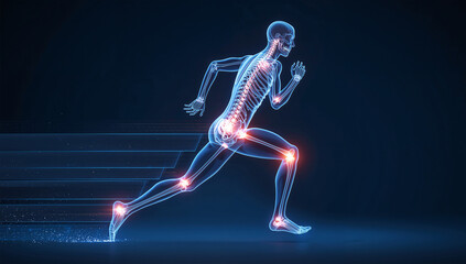 走る人体の骨格と関節を示したスポーツ医学イメージ