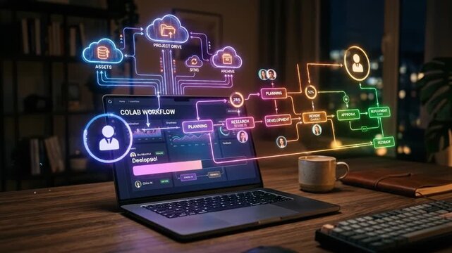 Collaborative digital interface laptop showcasing project management workflow with planning, research, development, review, cloud storage, and teamwork for efficient business process and remote