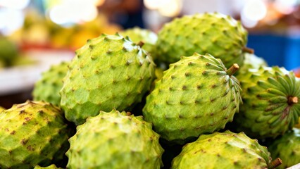 Obraz premium Fresh soursop fruits displayed at a tropical fruit market stall. Exotic green fruit with spiky texture, popular in tropical regions for juices, desserts, and healthy nutrition.
