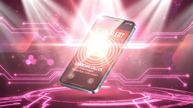 Scam alert notification smartphone screen unknown caller warning digital futuristic background cybersecurity phone fraud protection warning sign glowing red spotlight effect pink circuit background