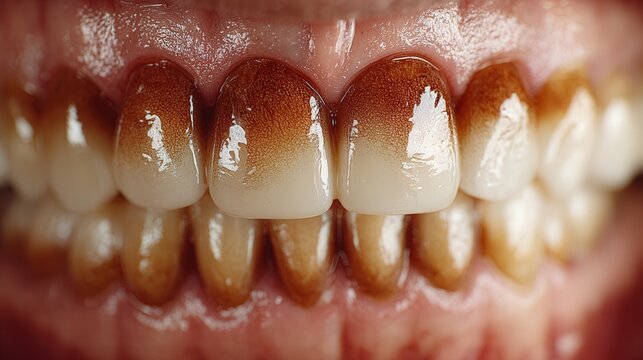 Extreme close-up of human teeth with severe brown staining and plaque buildup, illustrating poor oral hygiene and dental health problems.