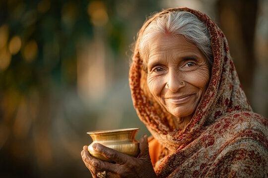  Elderly woman holding brass lota after Chhath Puja prayers, symbolizing peace, wisdom, and devotion.
