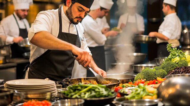 Busy Restaurant Kitchen: Professional Chef Stirring Food with Other Staff in Background