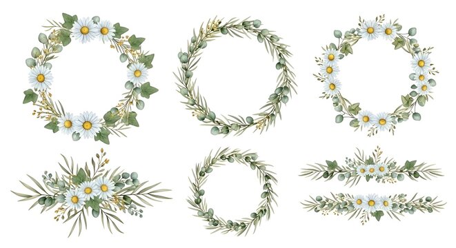 Watercolor floral wreaths and borders with daisies and greenery, botanical design elements