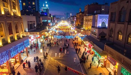 Bustling night street with people shopping, colorful lights and decorations illuminating traditional architecture, festive atmosphere radiating cultural richness and lively celebration.