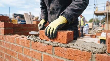 Workers build a brick wall at a construction site during daylight hours