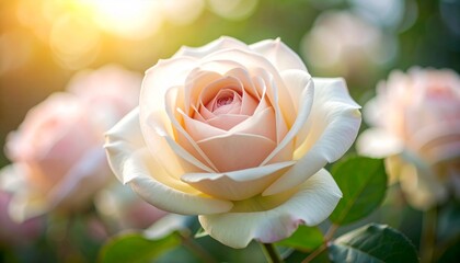 Luminous Creamy Blush Rose Unfurling in Golden Sunlight