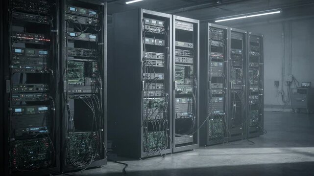 Medium shot of tall transmitter racks filled with complex modulators and cables in a dimly lit spacious equipment room creating a focused industrial atmosphere.