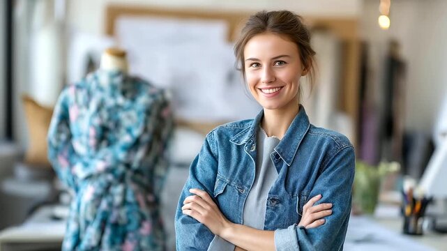 Portrait of young dressmaker standing in confident pose, mannequin near working desk with fashion dress design sketch, tailor tools in studio, small business owner concept,