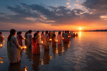 Fototapeta premium Devotees offering evening prayers with diyas in the river during Chhath Puja under glowing sunset light. 