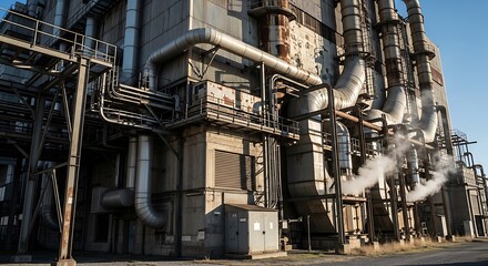 Industrial factory with steam pipes and smokestacks