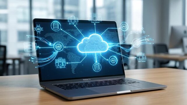 Cloud computing laptop technology digital data center network connection artificial intelligence digital network connection modern business innovation futuristic software office computer data center