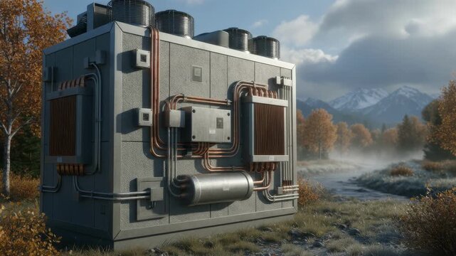 Optimized cooling systems visible on insulated equipment hut with softfocus temperate surroundings illustrating environmental control in mixed weather zones.