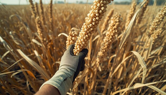 Hands Wearing Garden Gloves picking Bajra (Pearl Millet)