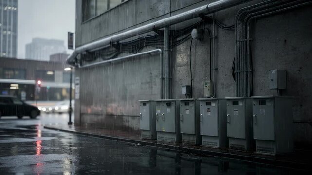 Rainsoaked medium shot of a downtown telecom hub exterior central office facade in crisp focus while wet streetside cabinets shimmer softly out of focus in the foreground.
