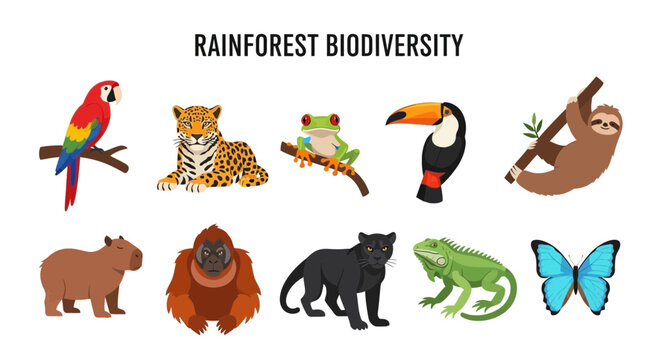 Illustration of ten colorful rainforest animals against a white background under a title