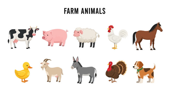 Ten distinct cartoon farm animals arranged in two rows under the title FARM ANIMALS