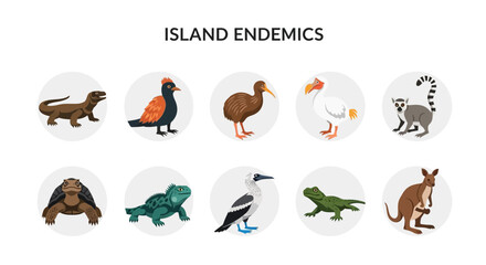 Ten circular icons depicting various island endemic animals against a white background © zyaa