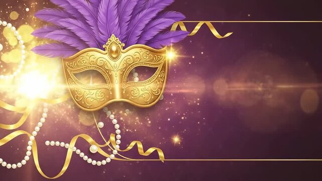 Golden Masquerade Mask with Purple Feathers for Mardi Gras Ball Invitation Background