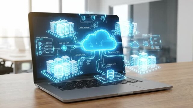 Cloud computing hologram interface displaying digital data storage and network flow on laptop with server technology for futuristic business and virtual system connection